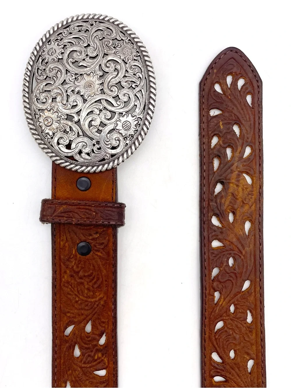 Tony Lama Leather Belt Size 32 Brown Tooled Cutout Western Floral Silver Buckle